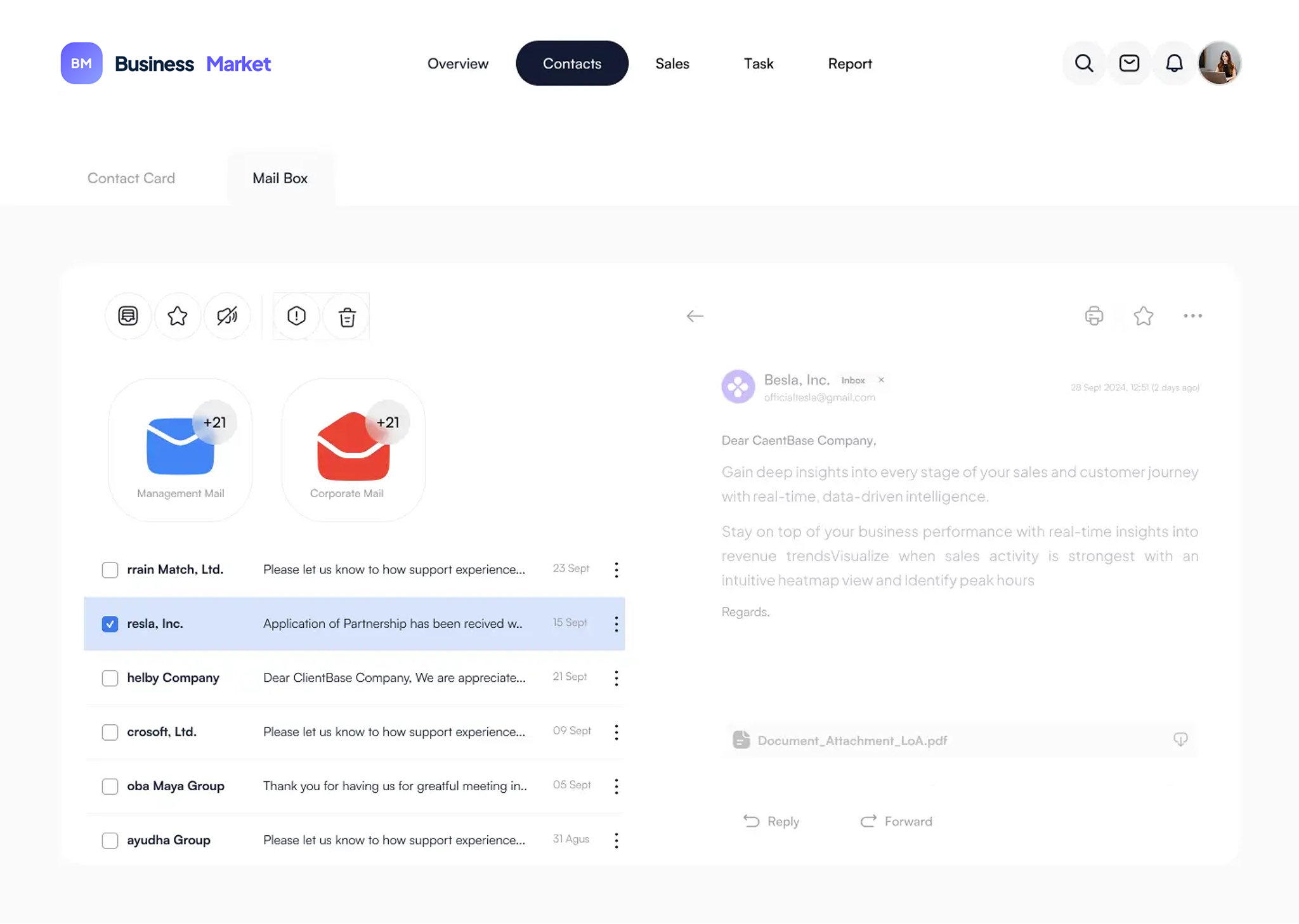 Contacte și mailbox în cabinetul personal Business Market